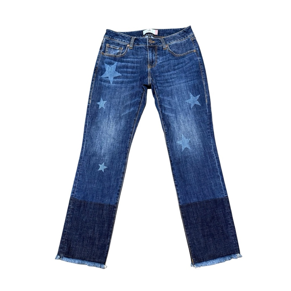 Cabi Two-tone Slim Boyfriend Jeans Size 2 Cropped Raw Hem Star Accent Denim